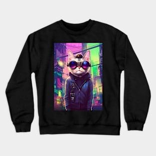 Techno Cat In Japan Neon City Crewneck Sweatshirt